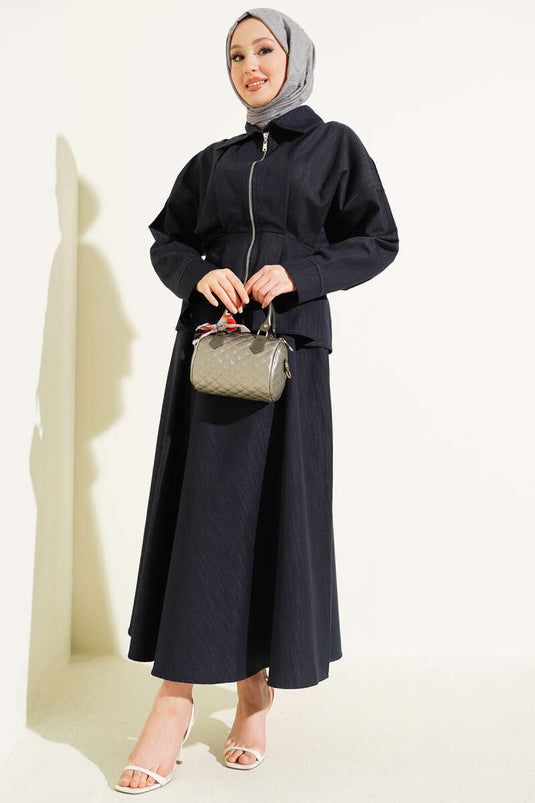 Navy Blue Denim Two-Piece Set with Pencil Skirt and Zipper