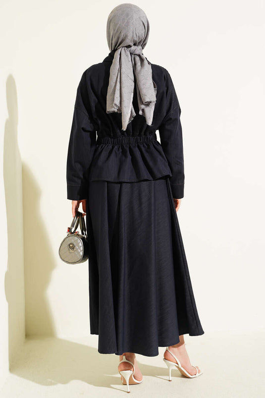 Navy Blue Denim Two-Piece Set with Pencil Skirt and Zipper