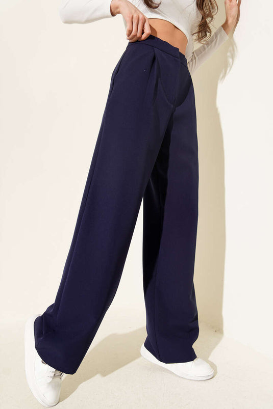 Bel Pensli Geniş Paça Pantolon Lacivert