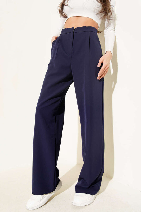 Bel Pensli Geniş Paça Pantolon Lacivert