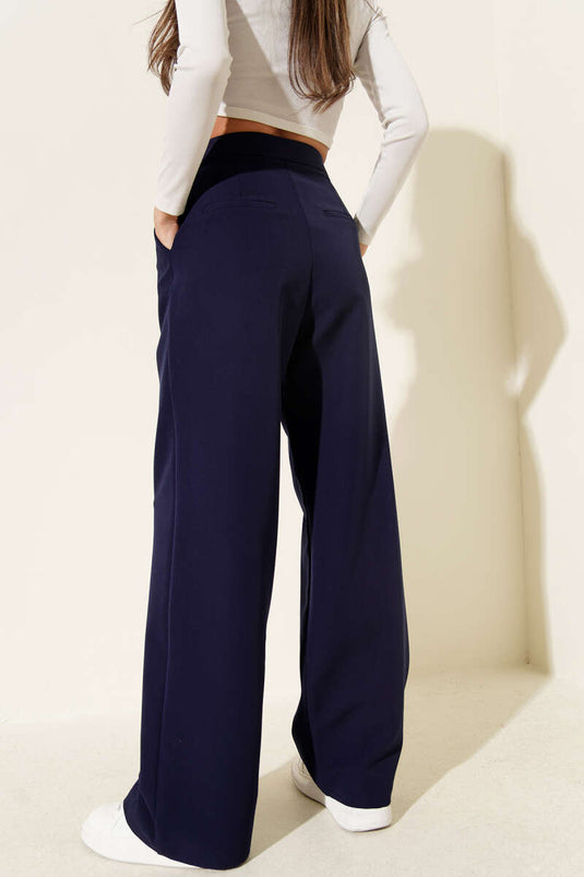 Bel Pensli Geniş Paça Pantolon Lacivert
