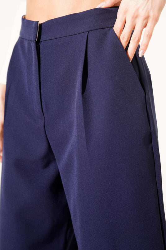 Bel Pensli Geniş Paça Pantolon Lacivert