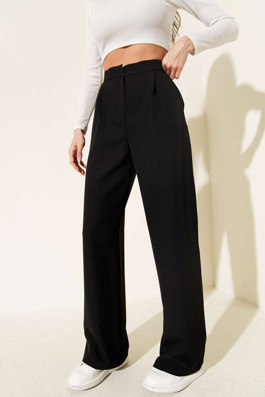 Bel Pensli Geniş Paça Pantolon Siyah