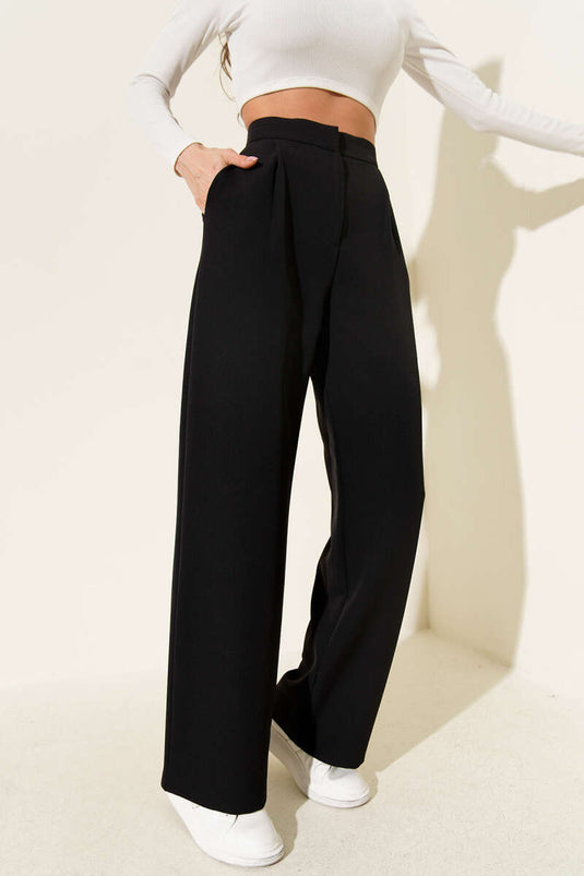 Bel Pensli Geniş Paça Pantolon Siyah