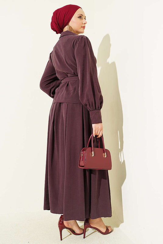 Completo con Gonna Bottonata e Cintura Bel Pensli, colore prugna