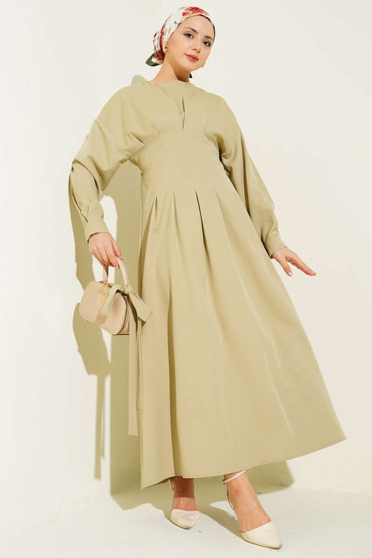 Bel Pensli Kuşaklı Dabıl Elbise Nefti