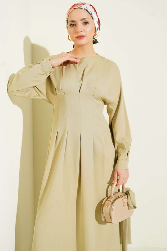 Bel Pensli Kuşaklı Dabıl Elbise Nefti