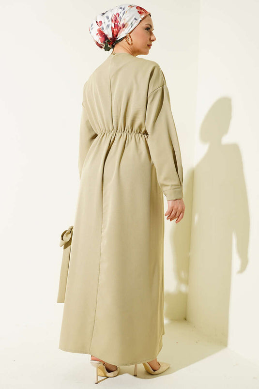 Bel Pensli Kuşaklı Dabıl Elbise Nefti