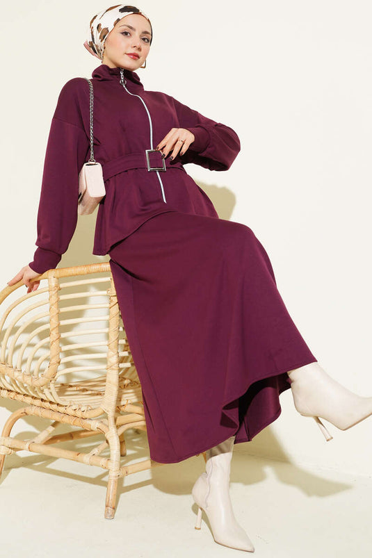 Bel Pensli Kuşaklı Loyşa Etekli İkili Takım Bordo