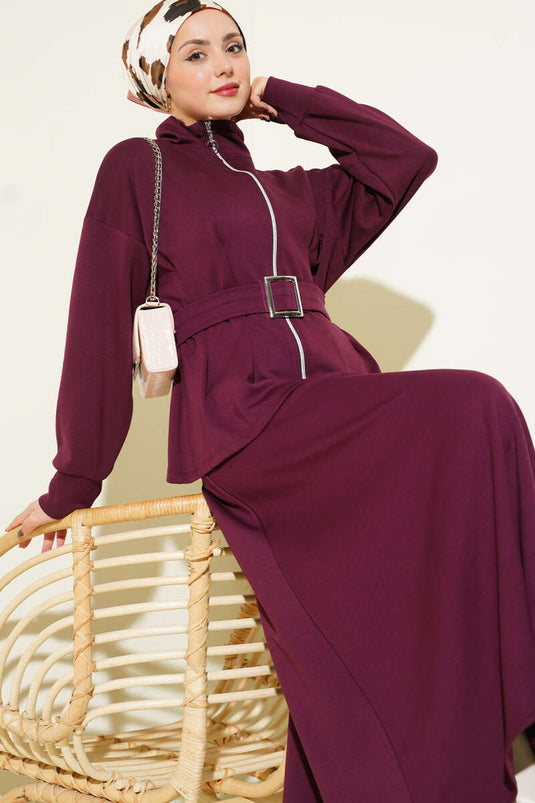 Bel Pensli Kuşaklı Loyşa Etekli İkili Takım Bordo