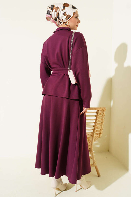 Bel Pensli Kuşaklı Loyşa Etekli İkili Takım Bordo