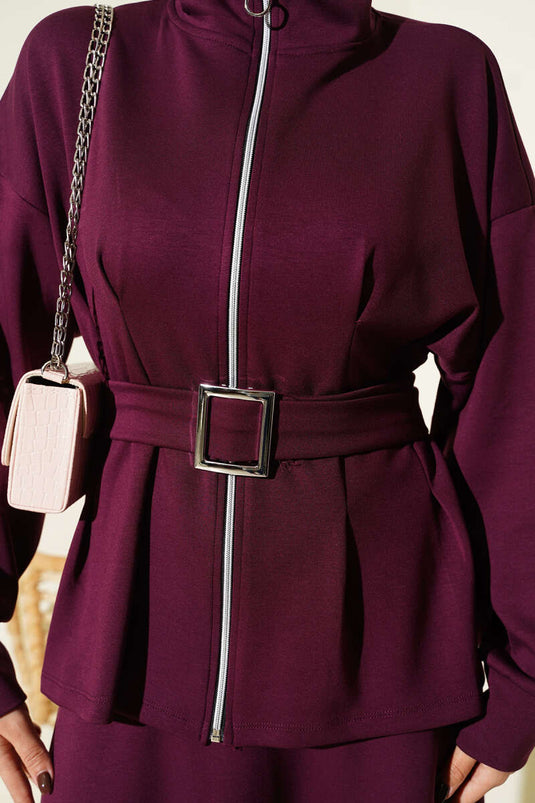 Bel Pensli Kuşaklı Loyşa Etekli İkili Takım Bordo