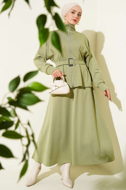 Bel Pensli Kuşaklı Loyşa Etekli İkili Takım Çağla Yeşili