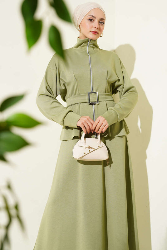 Bel Pensli Kuşaklı Loyşa Etekli İkili Takım Çağla Yeşili