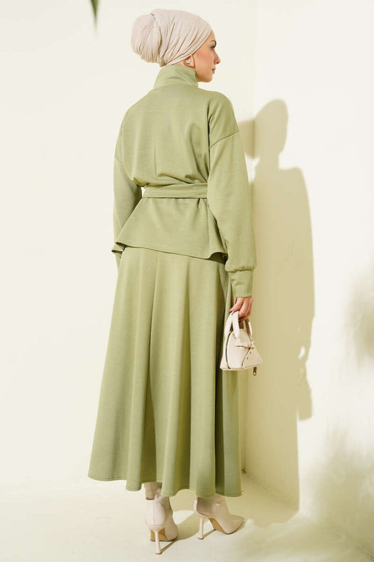Bel Pensli Kuşaklı Loyşa Etekli İkili Takım Çağla Yeşili
