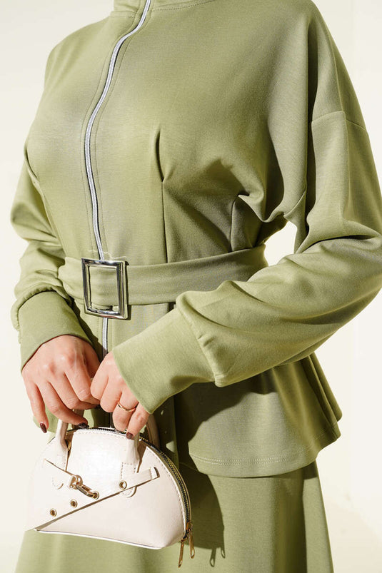 Bel Pensli Kuşaklı Loyşa Etekli İkili Takım Çağla Yeşili