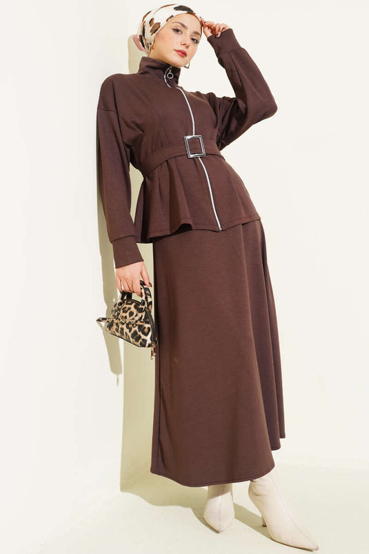 Bel Pensli Kuşaklı Loyşa Etekli İkili Takım Kahve