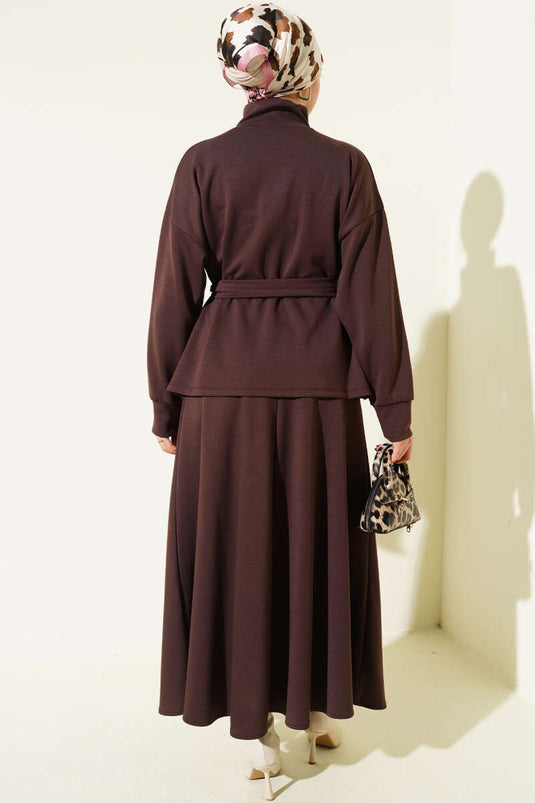 Bel Pensli Kuşaklı Loyşa Etekli İkili Takım Kahve