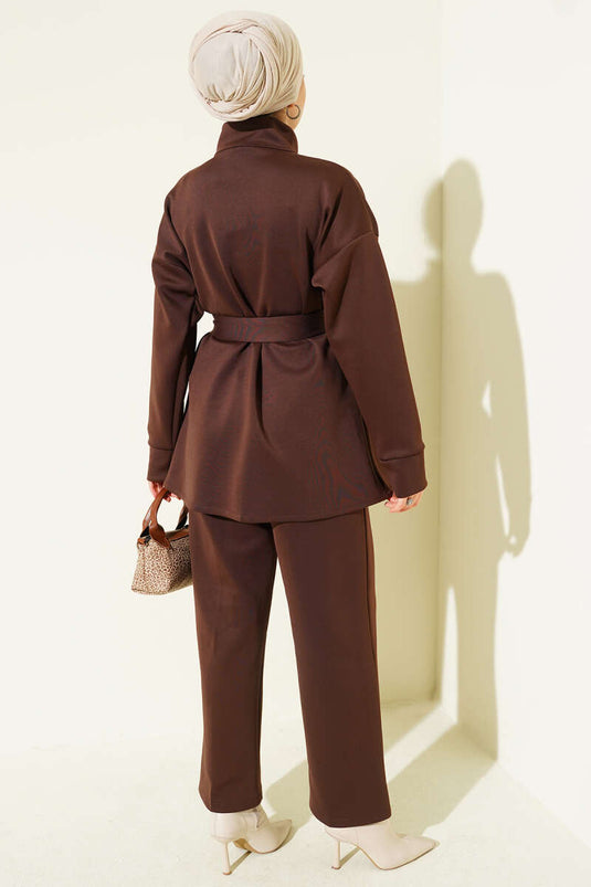 Bel Pensli Kuşaklı Scuba İkili Takım Kahve