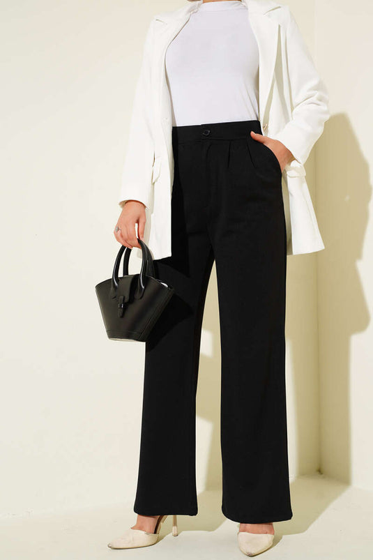 Bel Pileli Cepli Pantolon Siyah