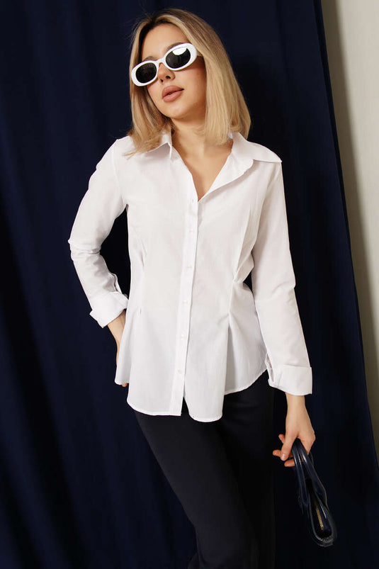 Bel Pileli Kısa Gömlek Beyaz