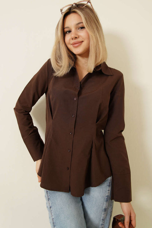 Bel Pileli Kısa Gömlek Kahve