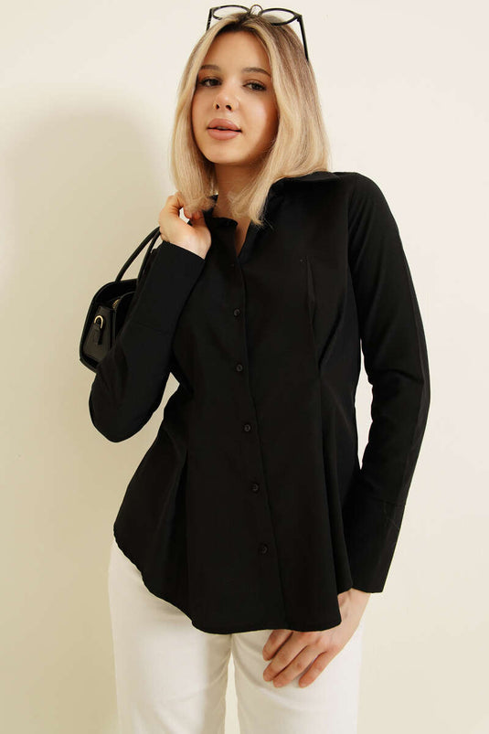 Black Short Shirt with Waist Pleats