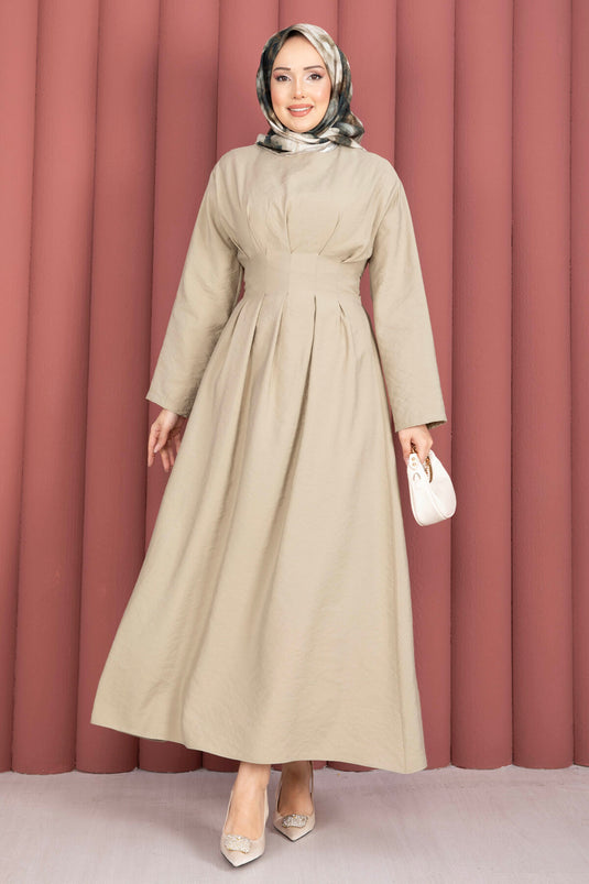 Dress with Waistband Detail and Belt in Dark Beige
