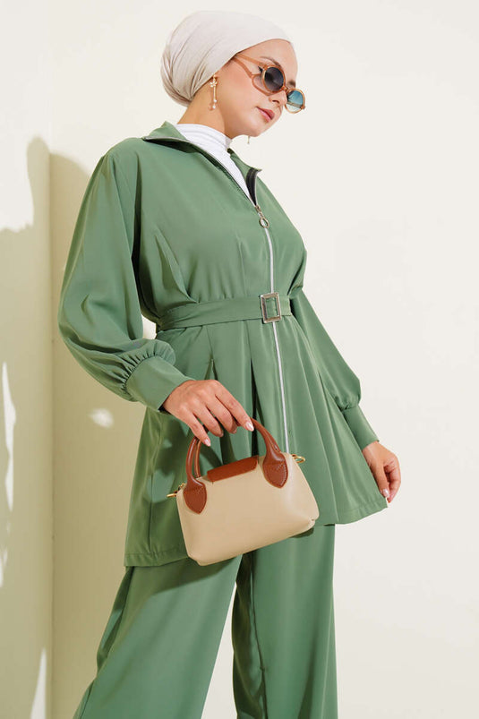 Waist Pleated Belted Zippered Two Piece Suit Almond Green