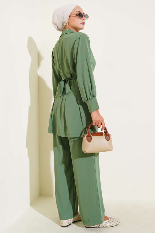 Waist Pleated Belted Zippered Two Piece Suit Almond Green