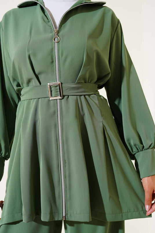 Waist Pleated Belted Zippered Two Piece Suit Almond Green