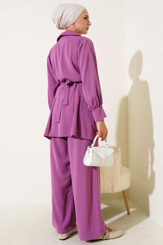 Bel Pileli Kuşaklı Fermuarlı İkili Takım Lila