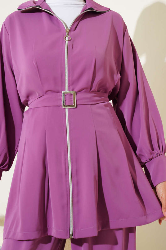 Bel Pileli Kuşaklı Fermuarlı İkili Takım Lila