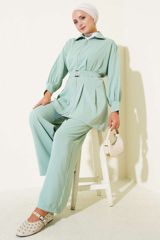 Pleated Waist Belted Zippered Two Piece Suit Mint
