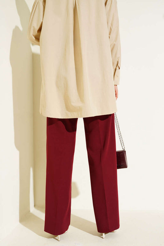 Buttoned Palazzo Trousers with Waist Stripe in Burgundy