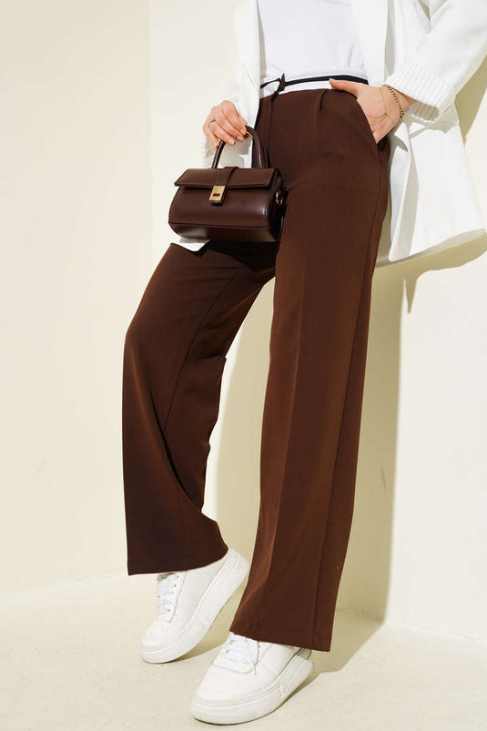 Pantalon Palazzo à bande taille marron