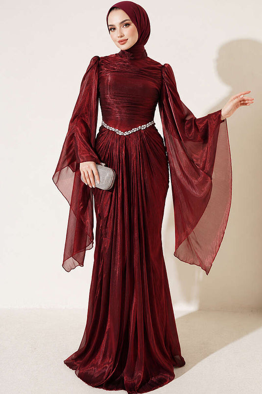 Bordeaux Abendkleid Mit Steinverzierung Und Drapierung
