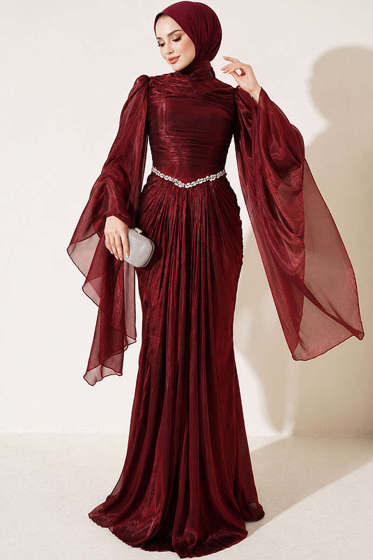 Bordeaux Abendkleid Mit Steinverzierung Und Drapierung