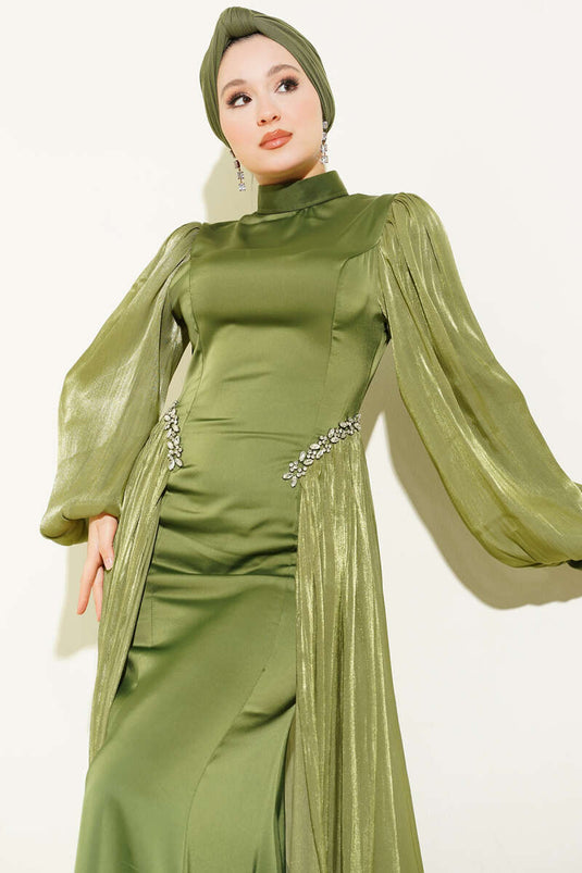 Bel Taşlı Pelerinli Abiye Elbise Haki