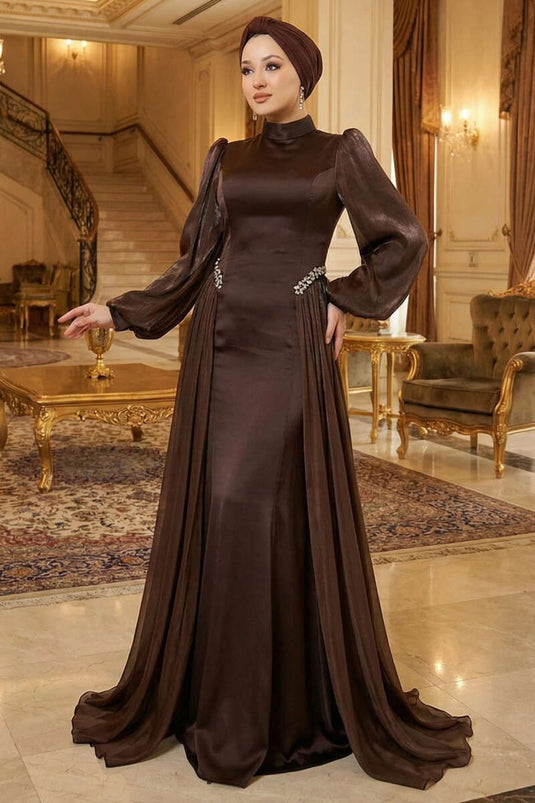Bel Taşlı Pelerinli Abiye Elbise Kahve