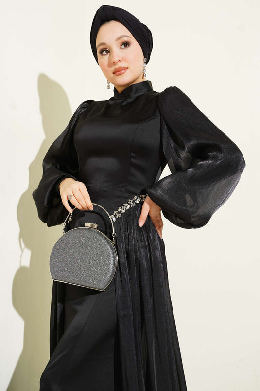 Abito da sera con mantella e pietre, nero