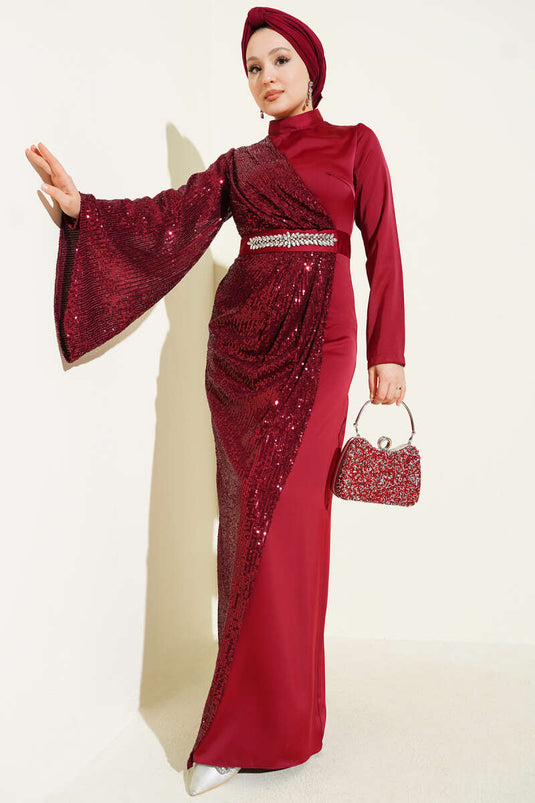 Bel Taşlı Pul Payet Detaylı Abiye Elbise Bordo