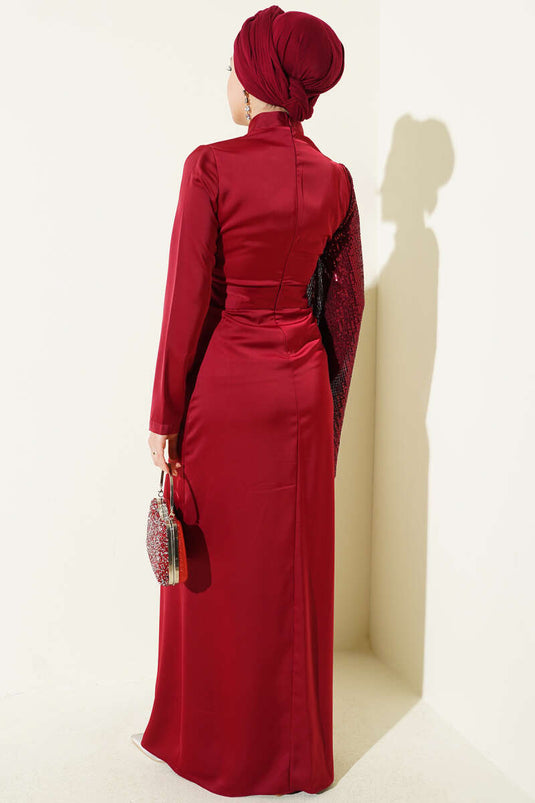 Bel Taşlı Pul Payet Detaylı Abiye Elbise Bordo