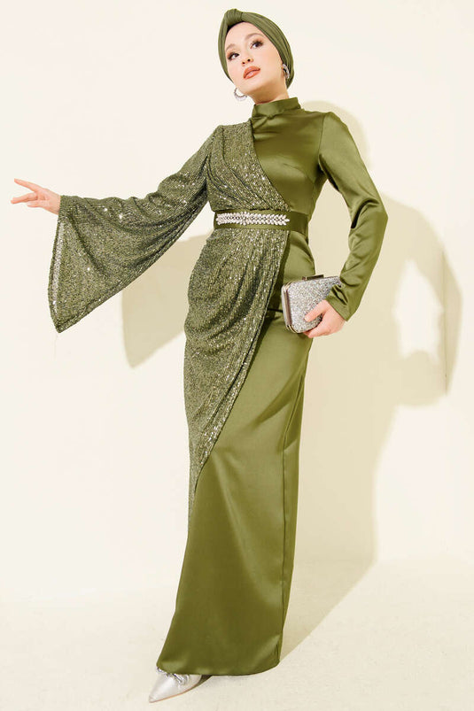 Bel Taşlı Pul Payet Detaylı Abiye Elbise Haki