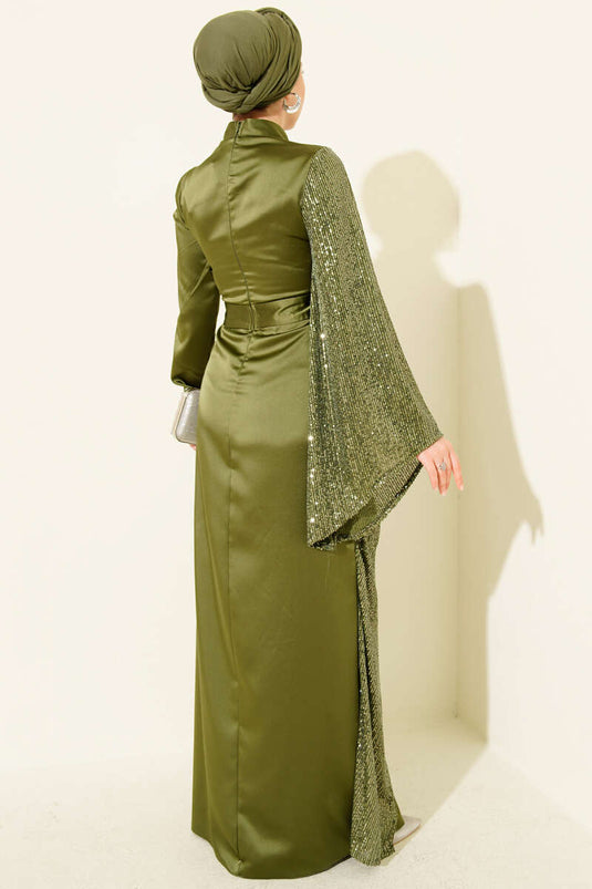 Bel Taşlı Pul Payet Detaylı Abiye Elbise Haki