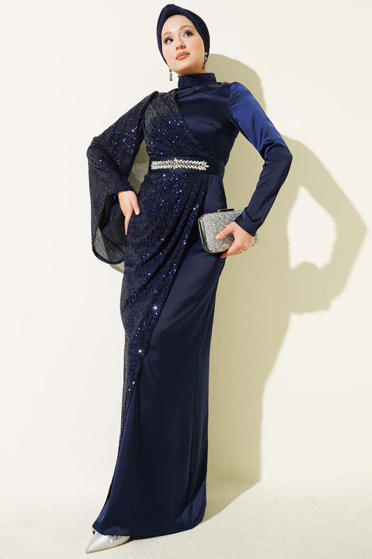 Bel Taşlı Pul Payet Detaylı Abiye Elbise Lacivert