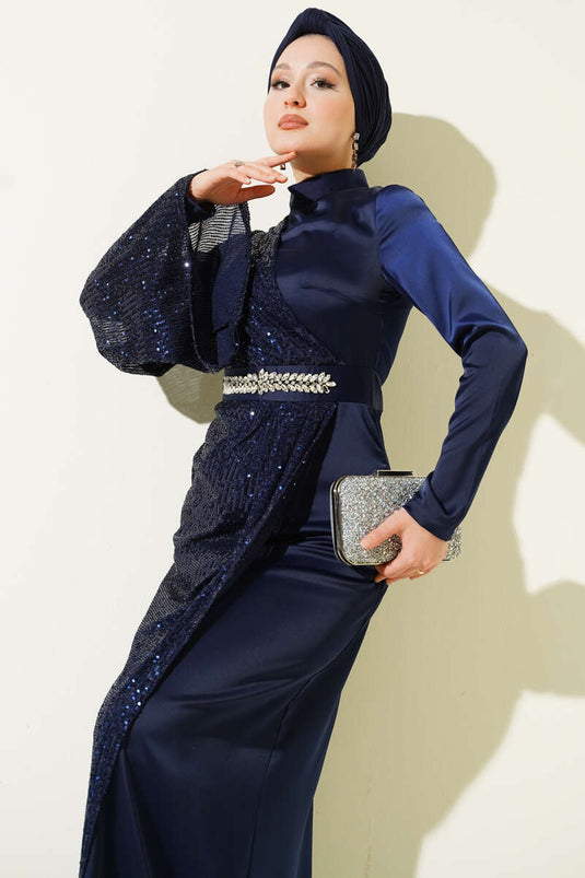 Bel Taşlı Pul Payet Detaylı Abiye Elbise Lacivert