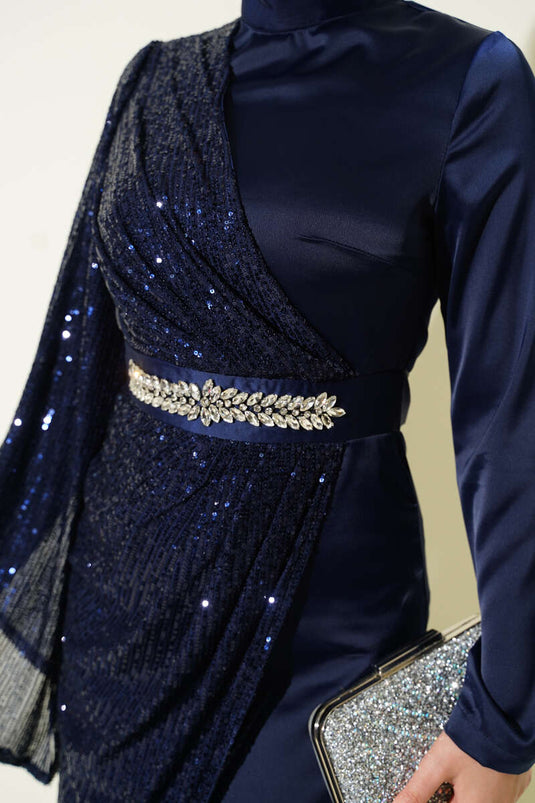 Bel Taşlı Pul Payet Detaylı Abiye Elbise Lacivert