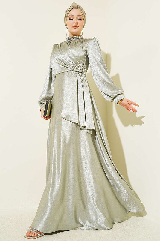 Robe de soirée avec pierres décoratives et fronces latérales, vert avocat
