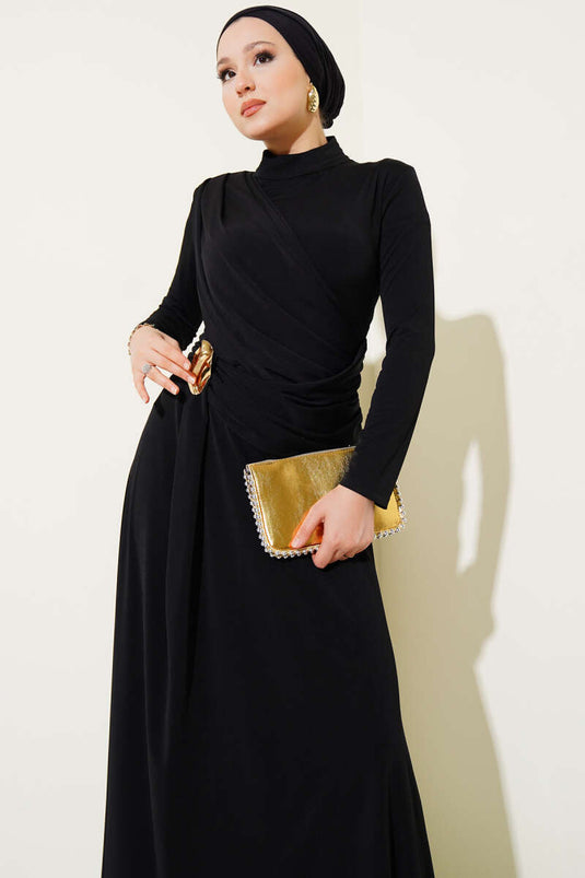 Black Evening Dress with Waist Buckle Detail